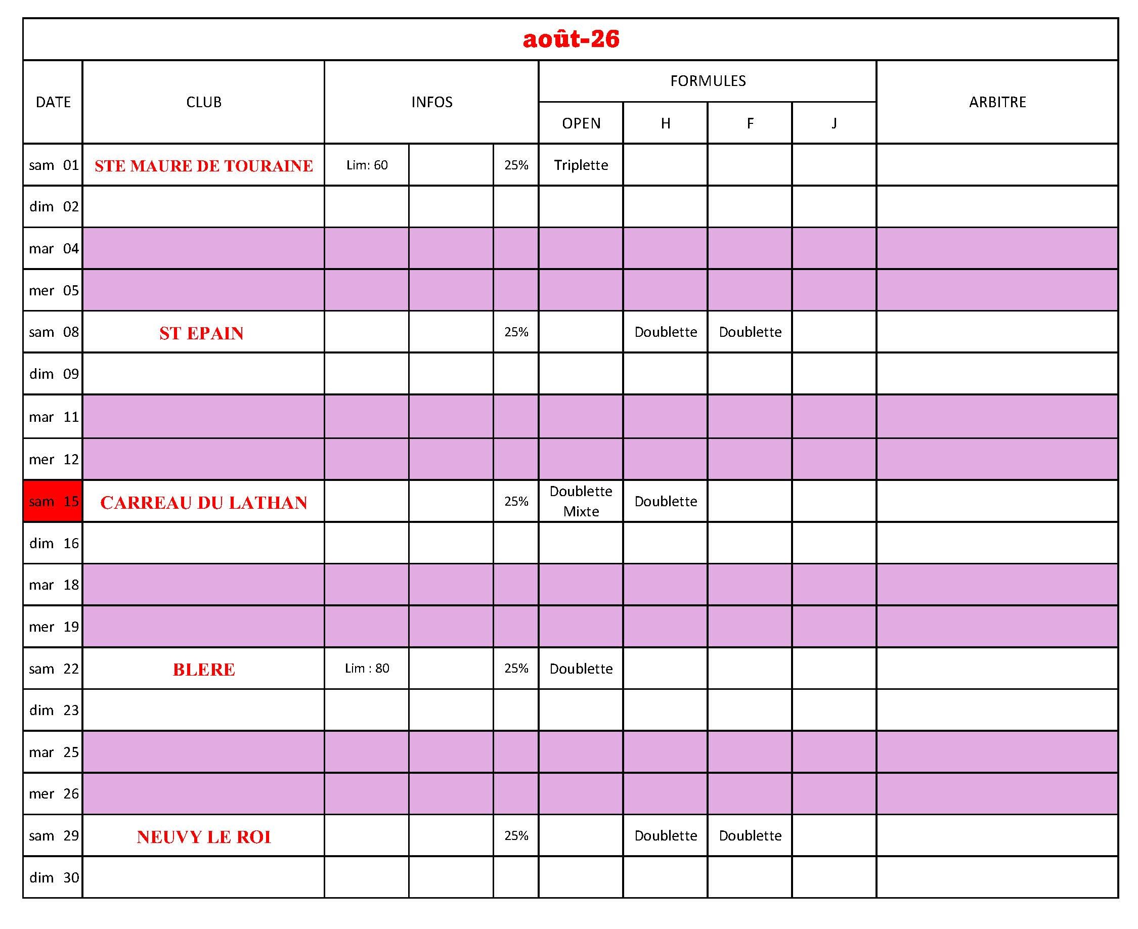 CALENDRIER 2026  AOUT