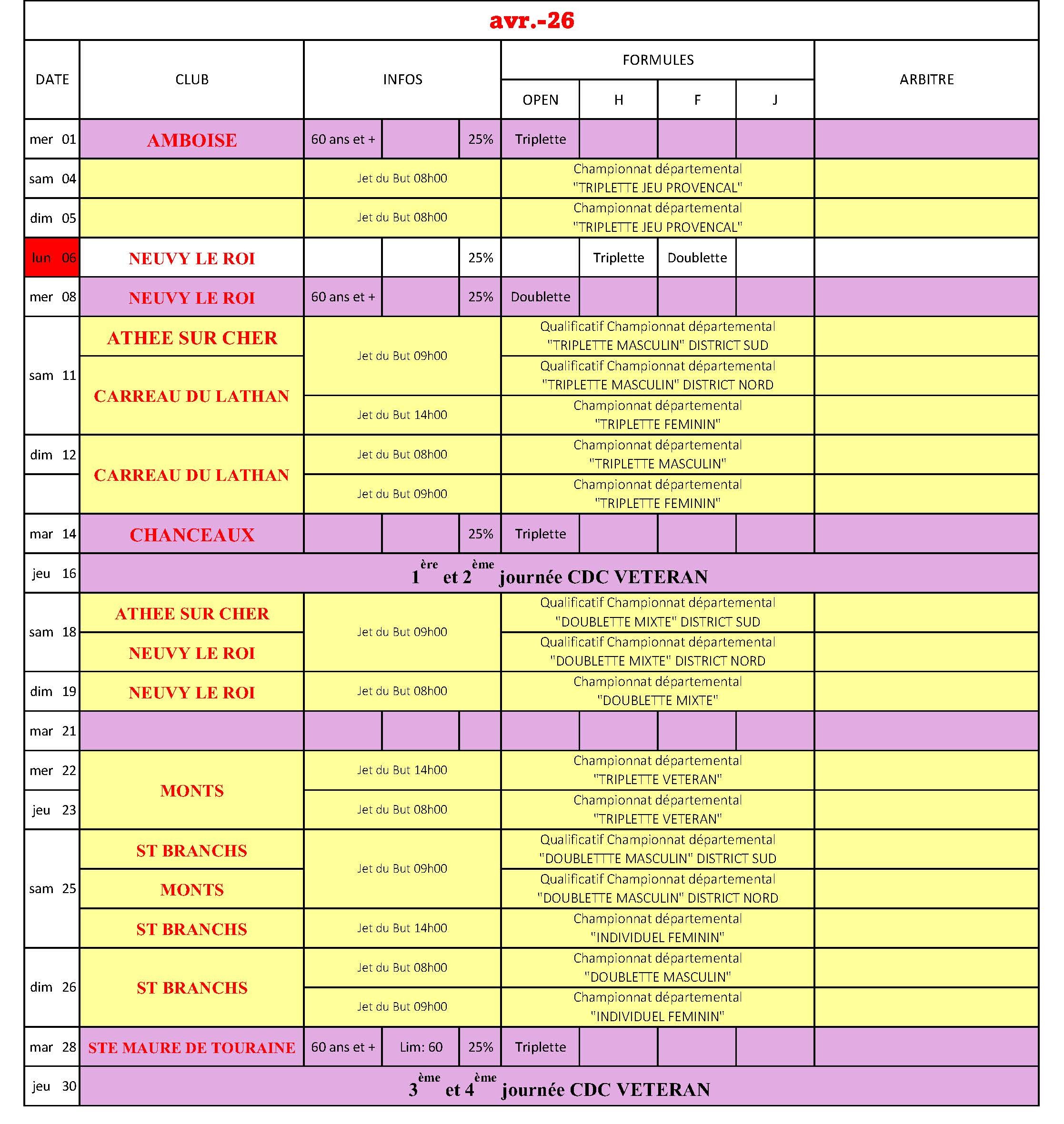 CALENDRIER 2026  AVRIL
