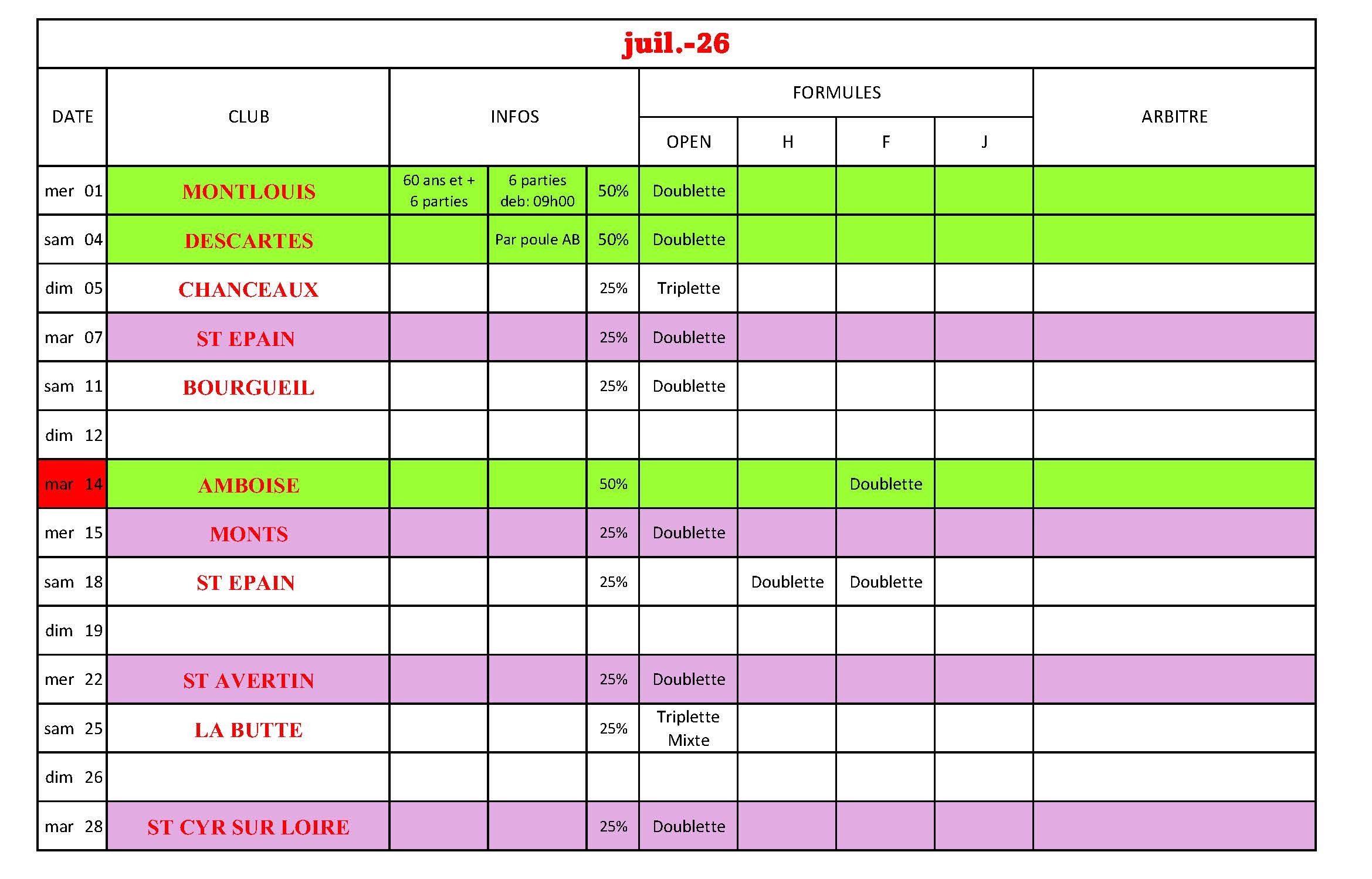 CALENDRIER 2026  JUILLET