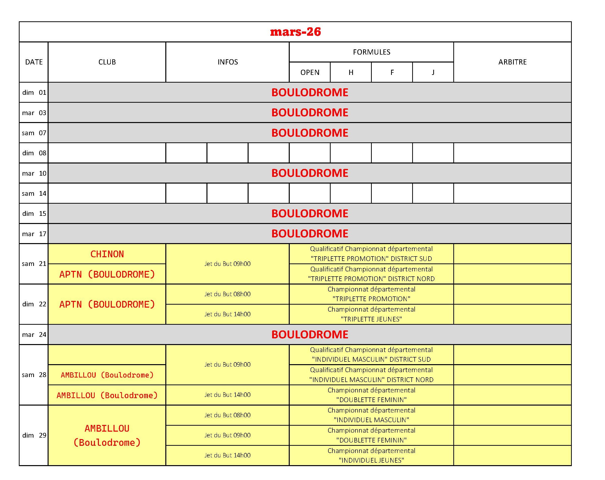 CALENDRIER 2026  MARS