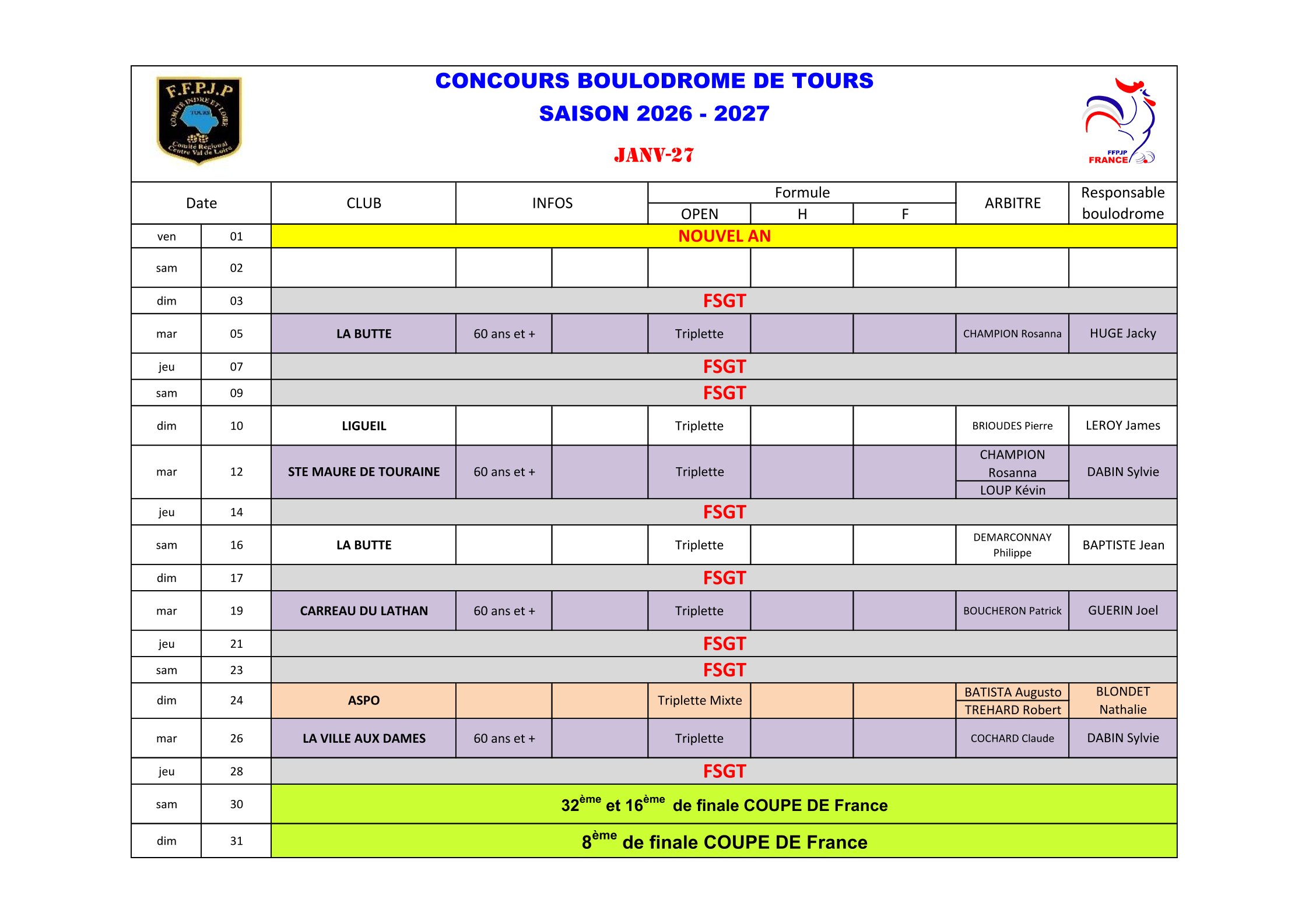 Calendrier Boulodrome 2026   2027 1 4
