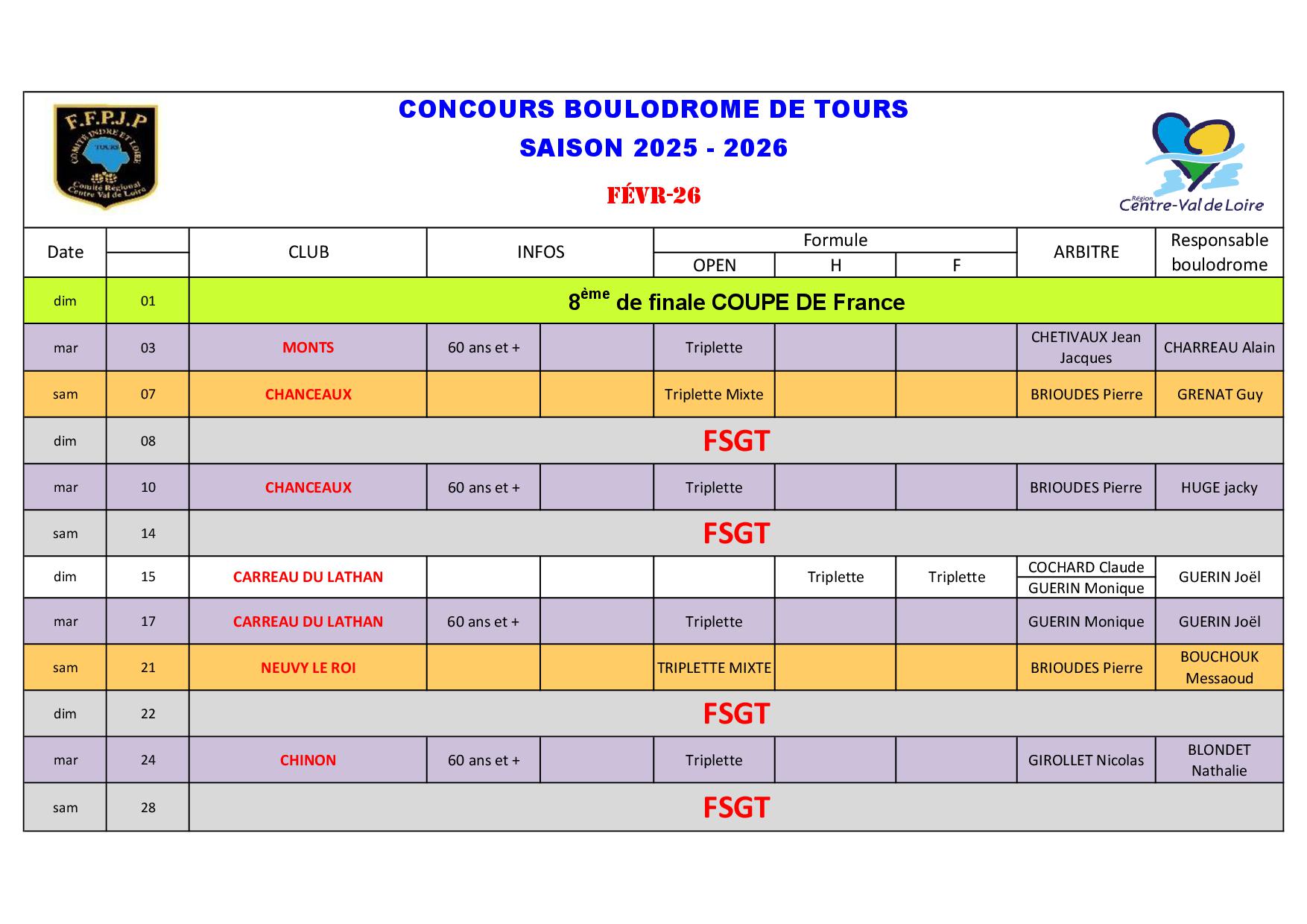 Calendrier Boulodrome fev2026