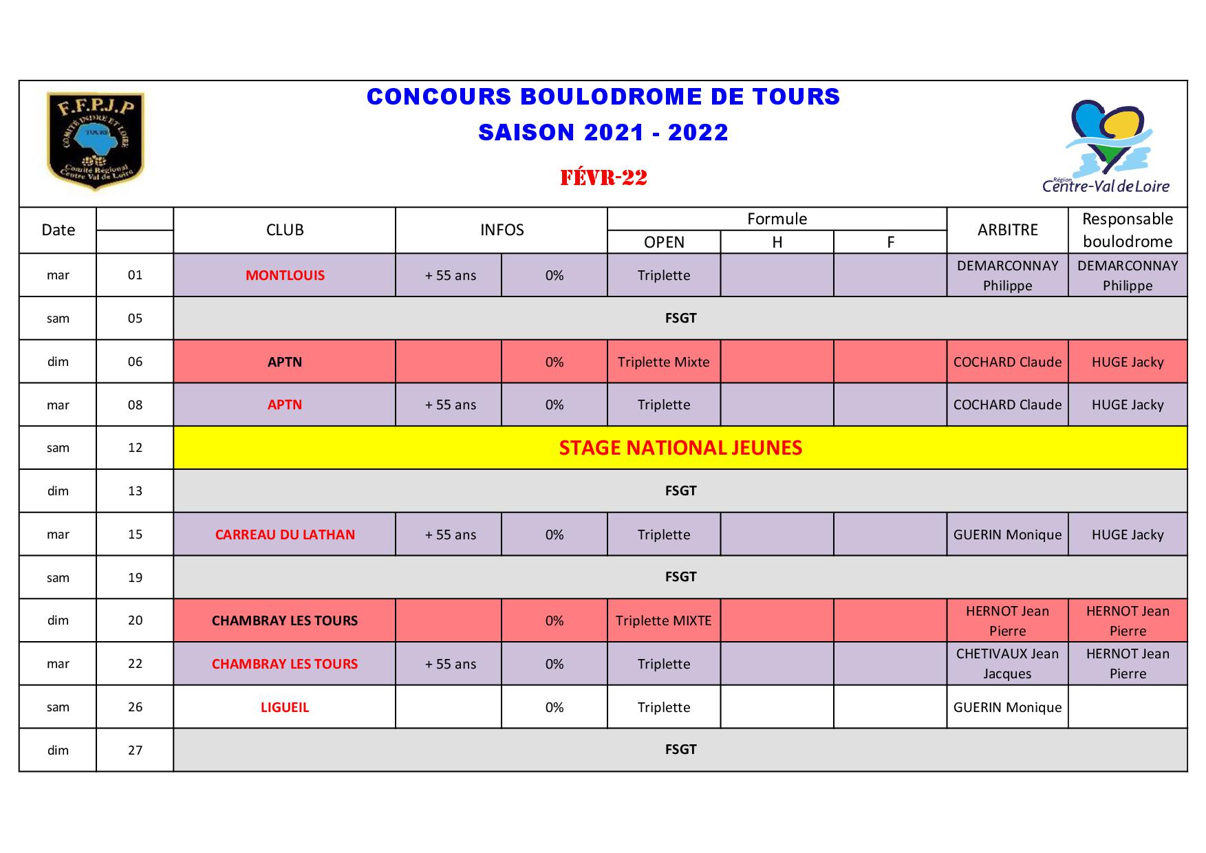 calendrier boulodrome 2021 20222