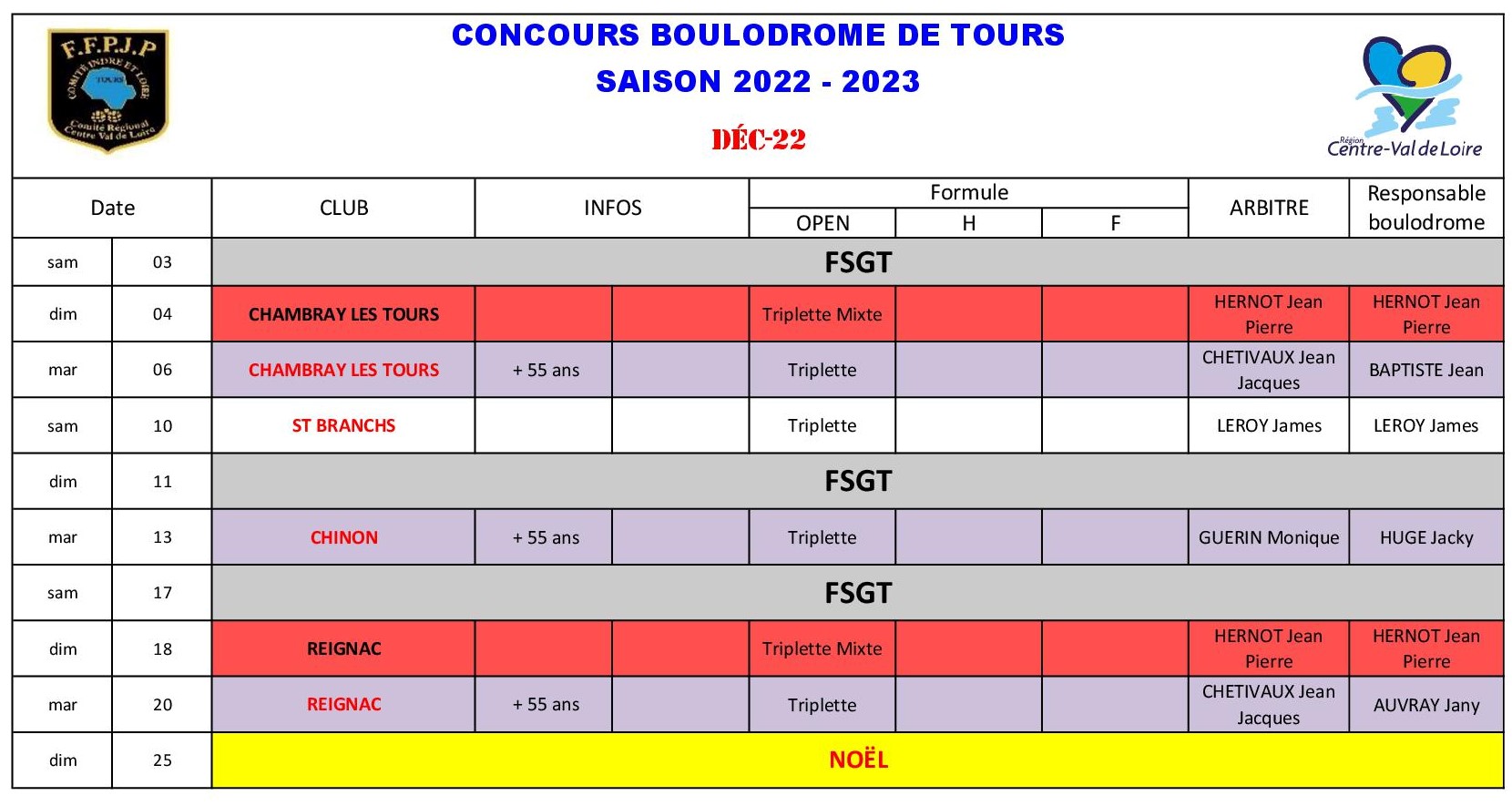 Calendrier Boulodrome 2022   20233