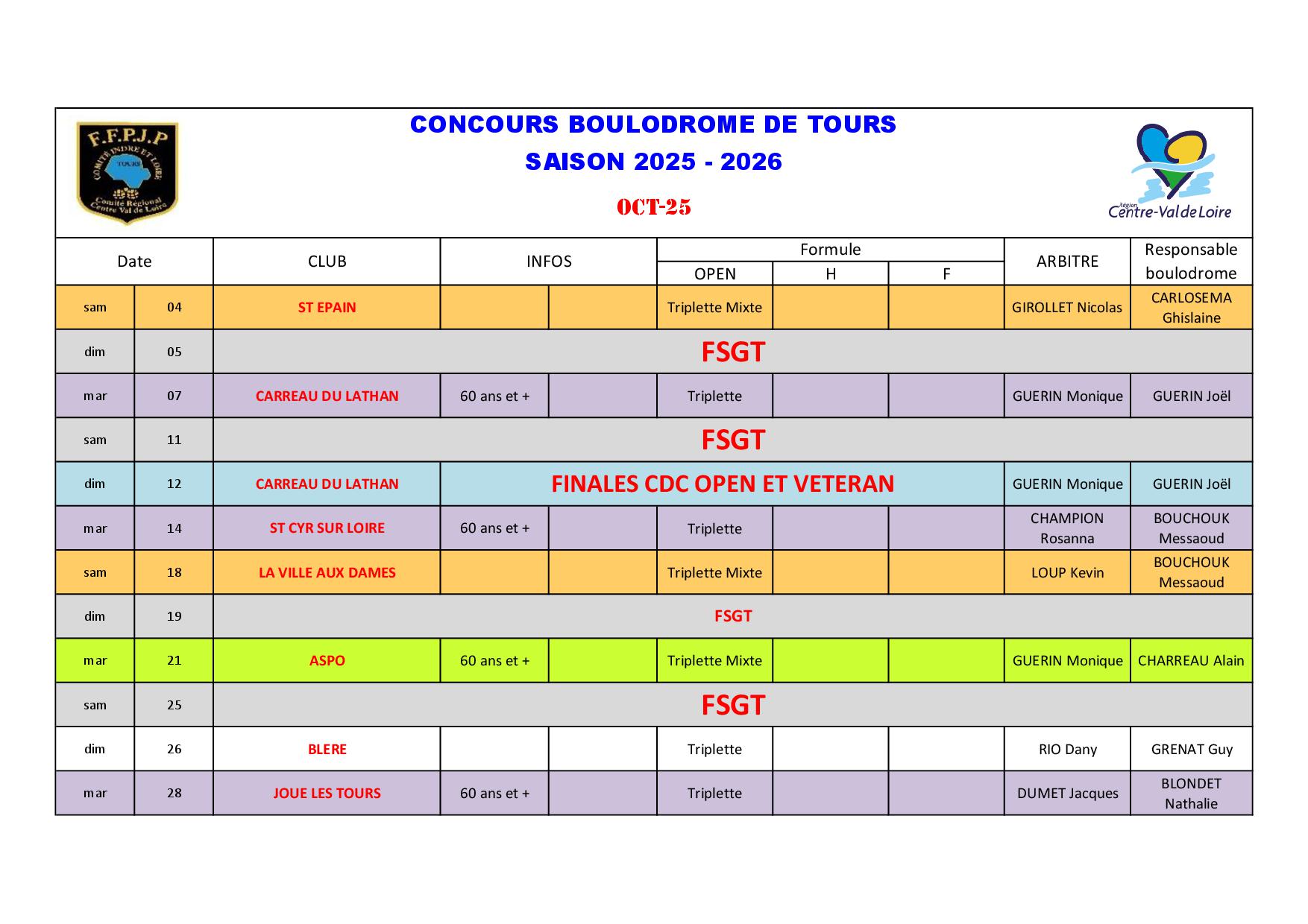 Calendrier Boulodrome 2025   20261