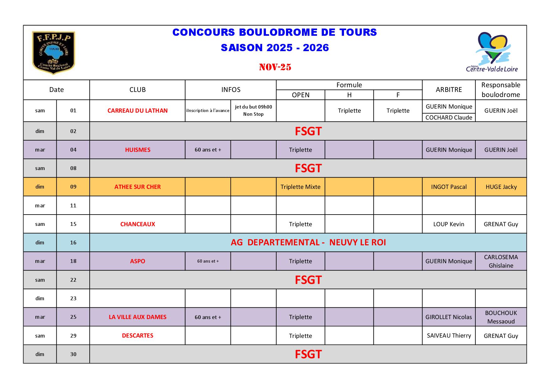 Calendrier Boulodrome 2025   20262