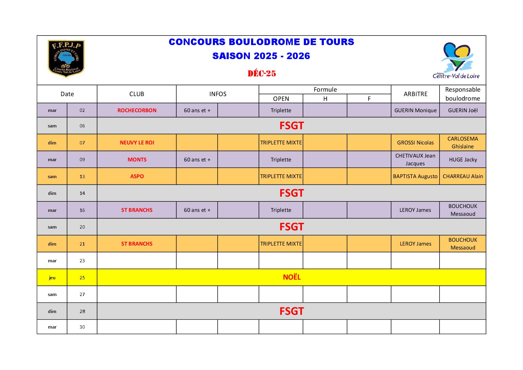 Calendrier Boulodrome 2025   20263