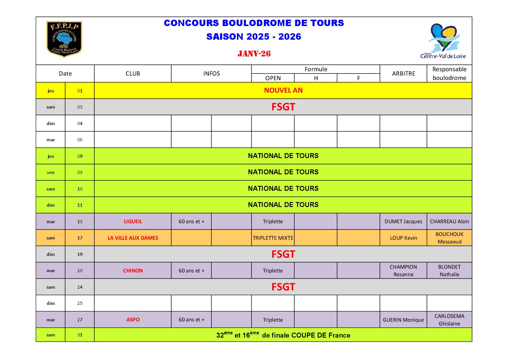 Calendrier Boulodrome 2025   20264