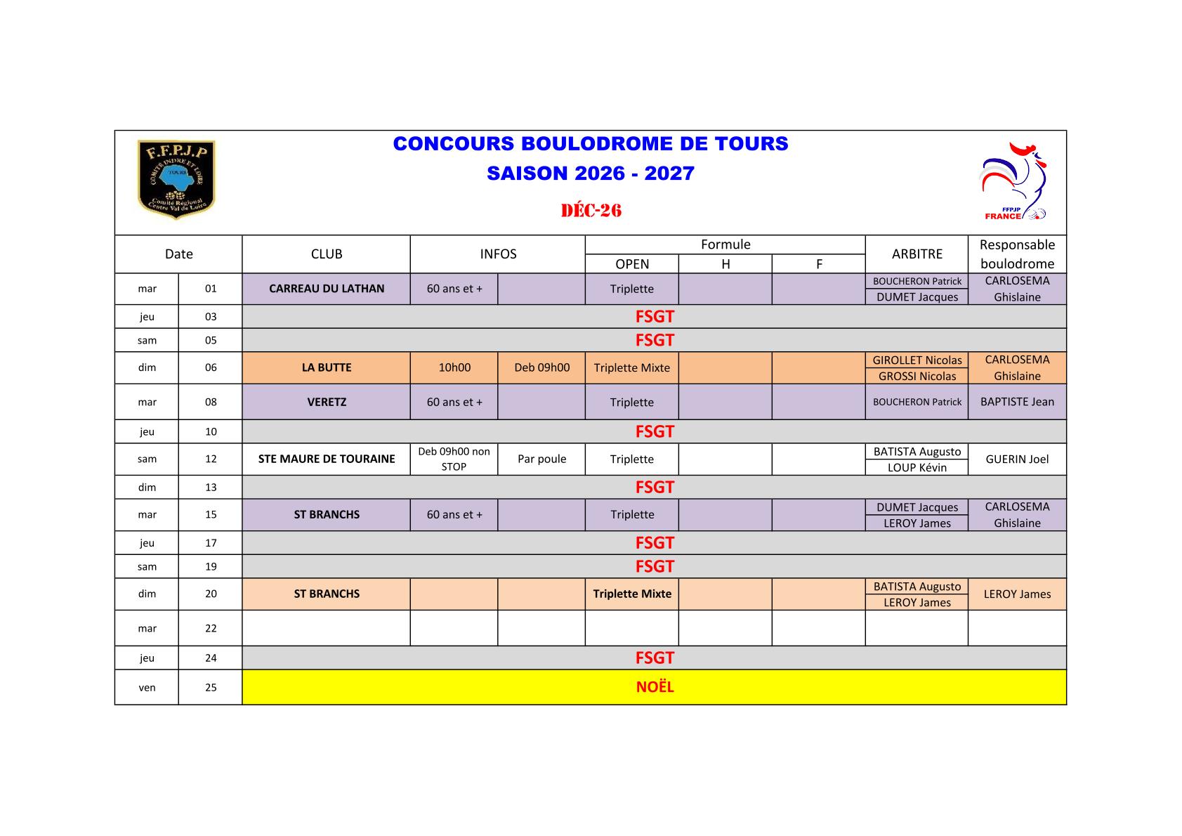 Calendrier Boulodrome 2026   2027 1 3