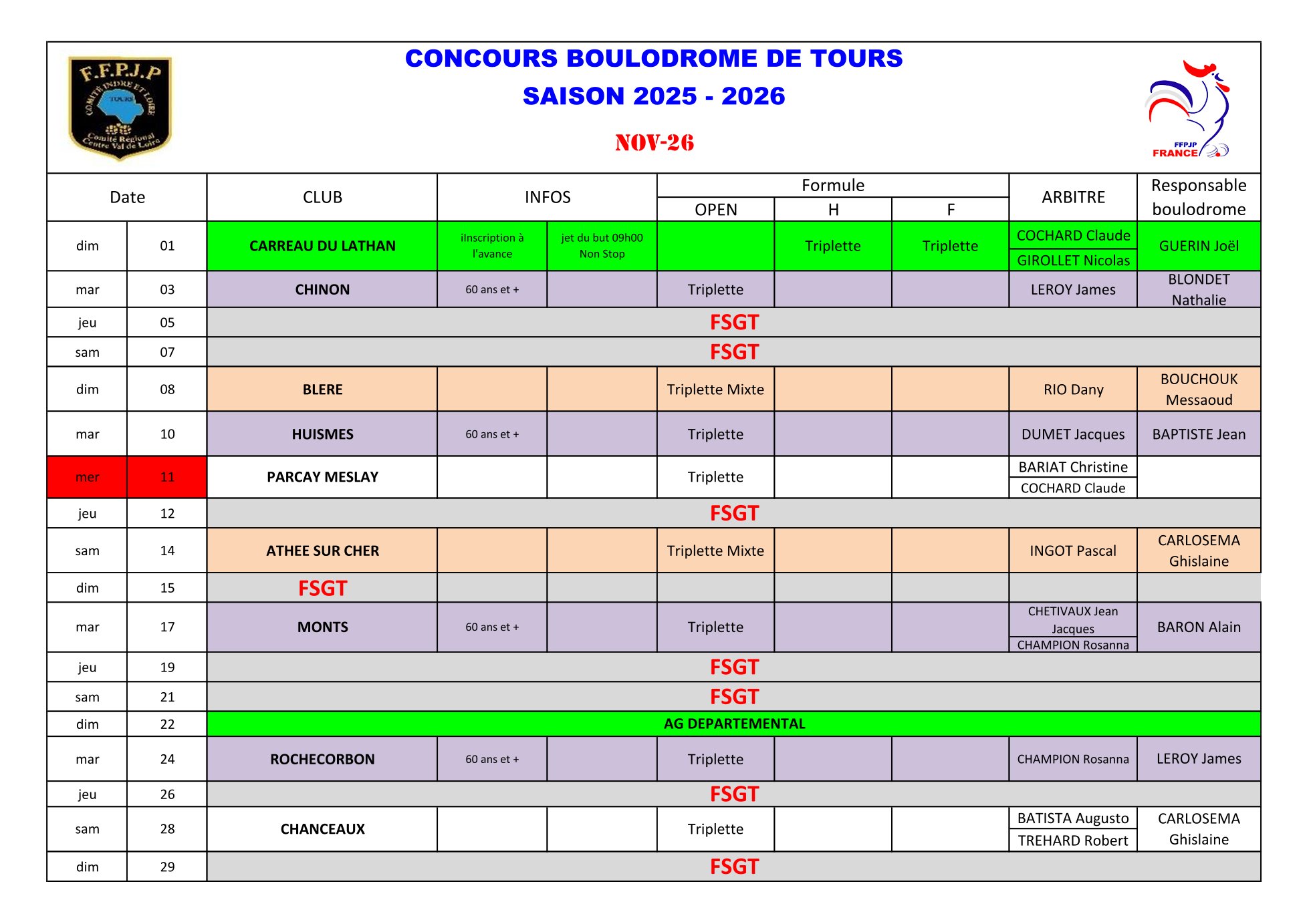Calendrier Boulodrome 2026   2027 1 2
