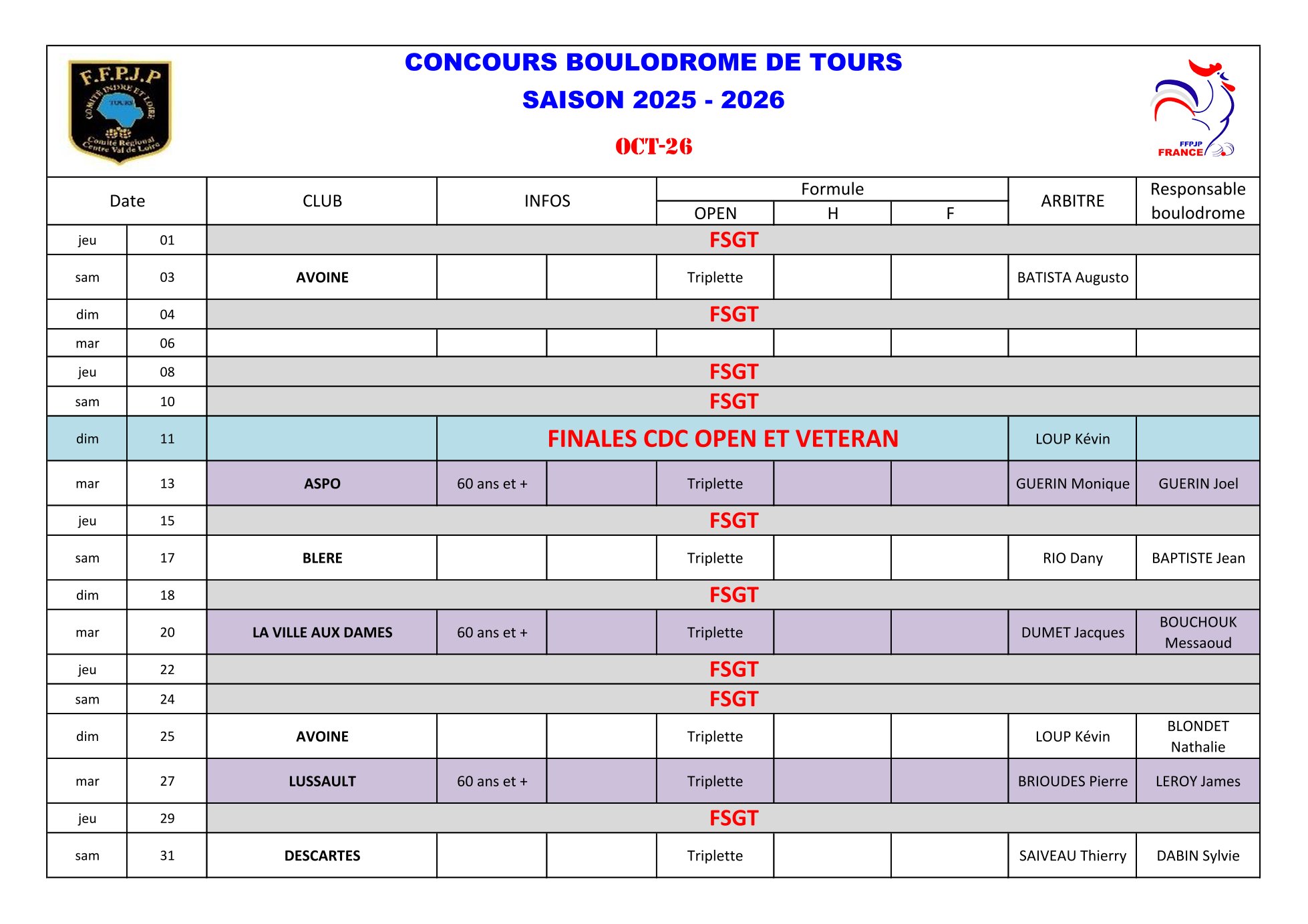 Calendrier Boulodrome 2026   2027 1 1