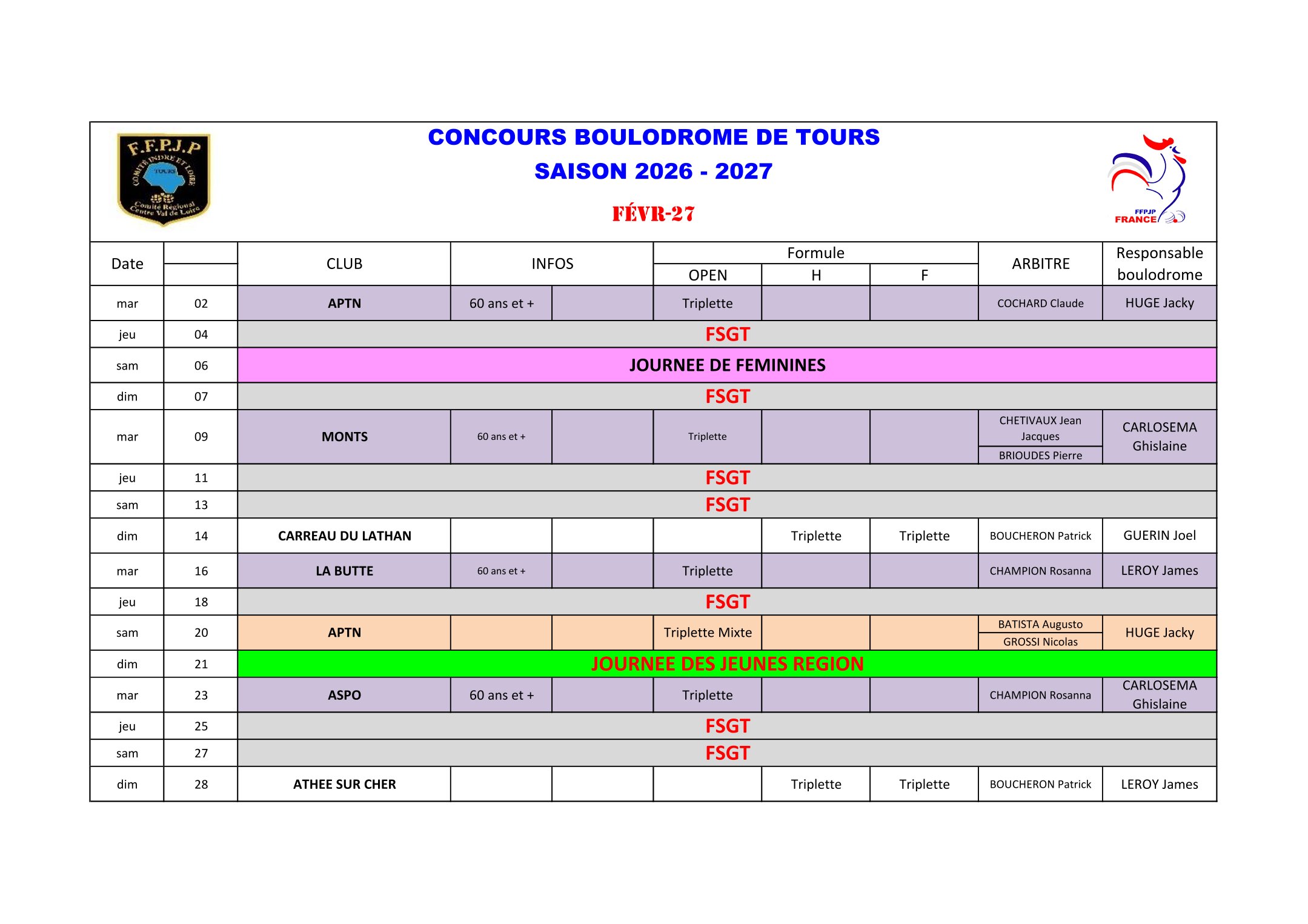 Calendrier Boulodrome 2026   2027 1 5