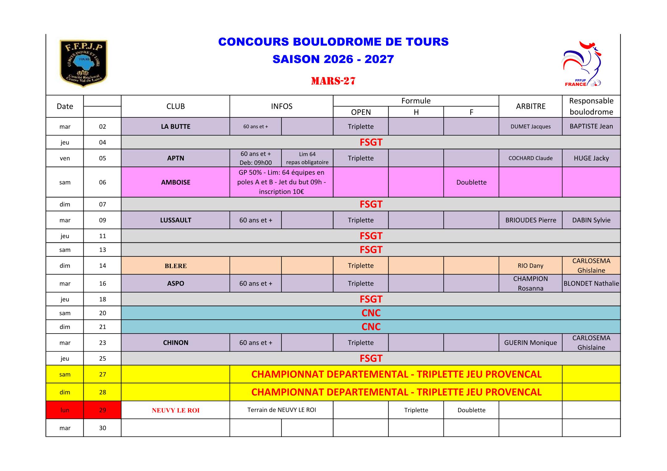 Calendrier Boulodrome 2026   2027 1 6