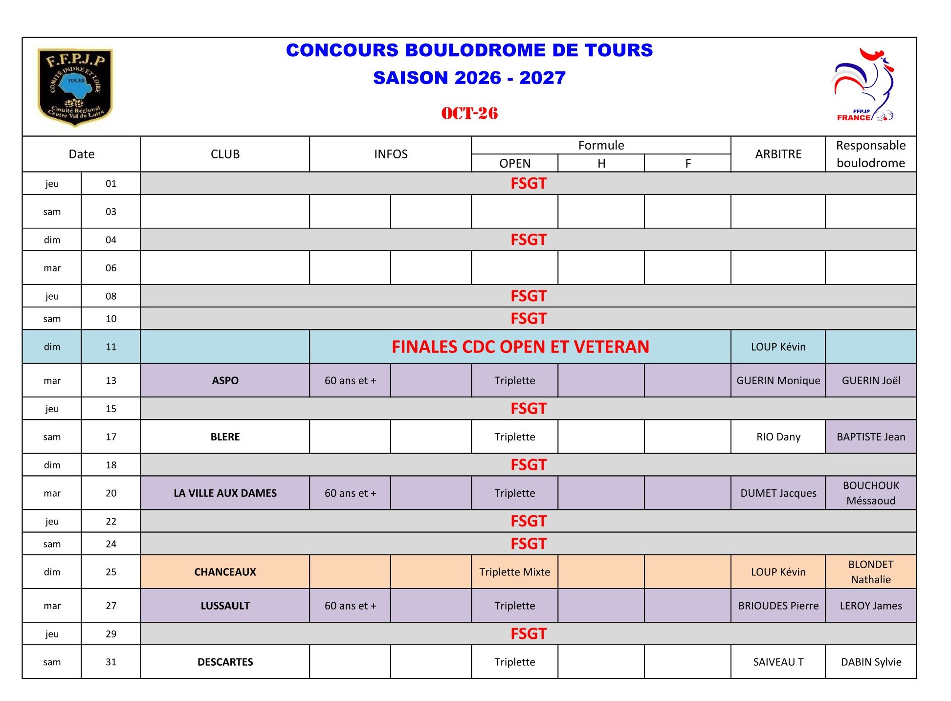 Calendrier Boulodrome 2026   2027 1 1