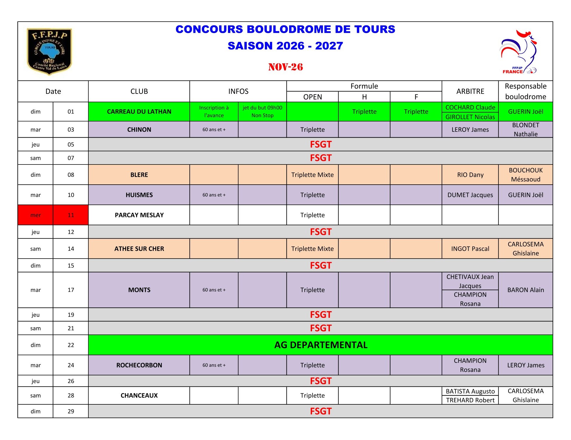 Calendrier Boulodrome 2026   2027 1 2