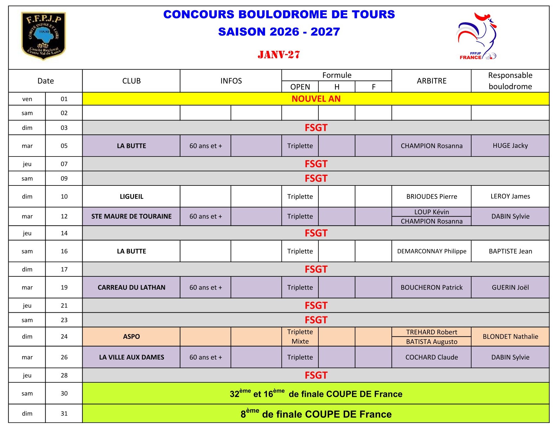 Calendrier Boulodrome 2026   2027 1 4