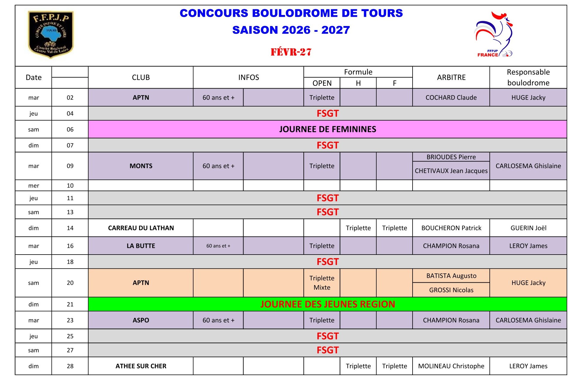 Calendrier Boulodrome 2026   2027 1 5