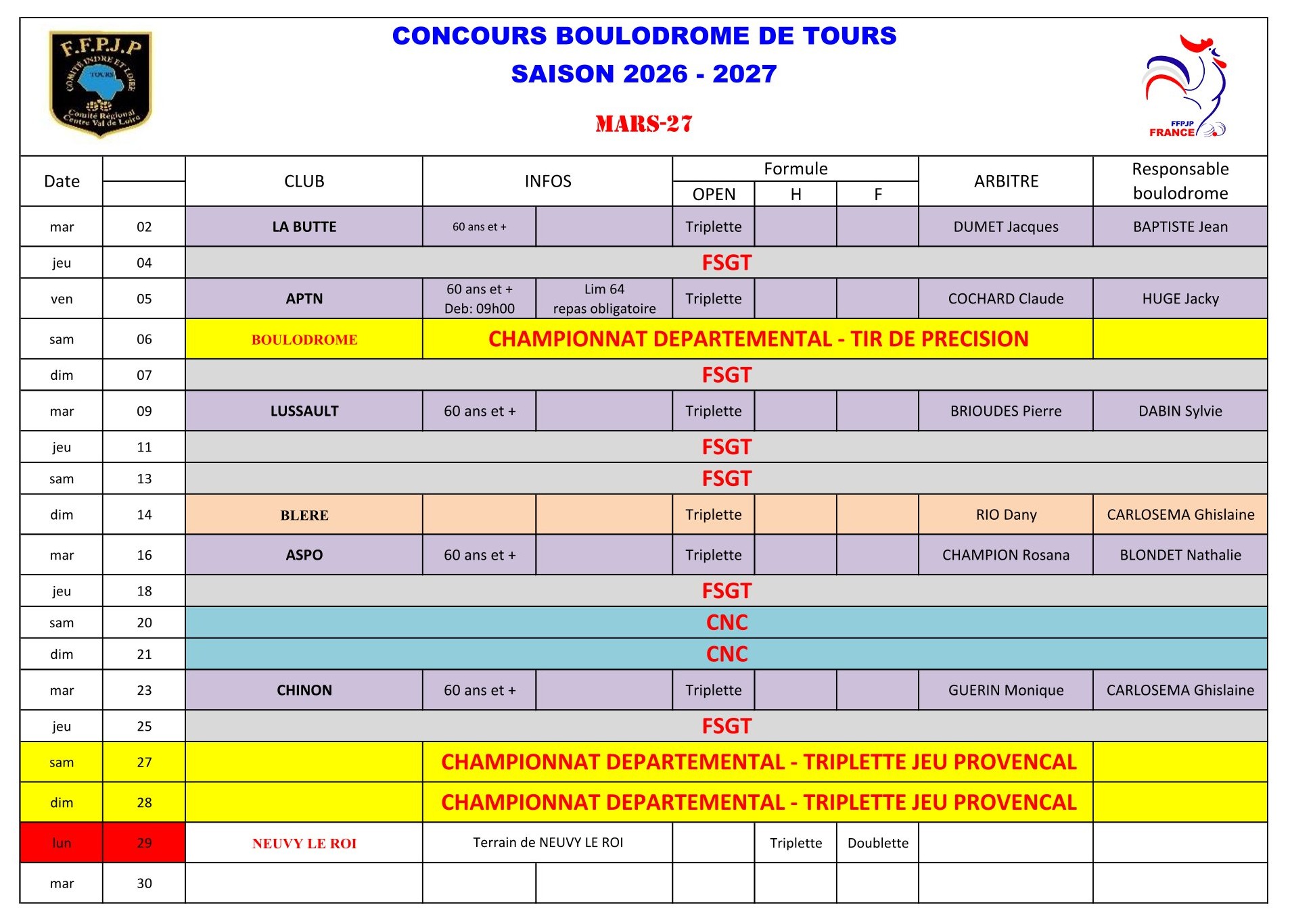 Calendrier Boulodrome 2026   2027 1 6